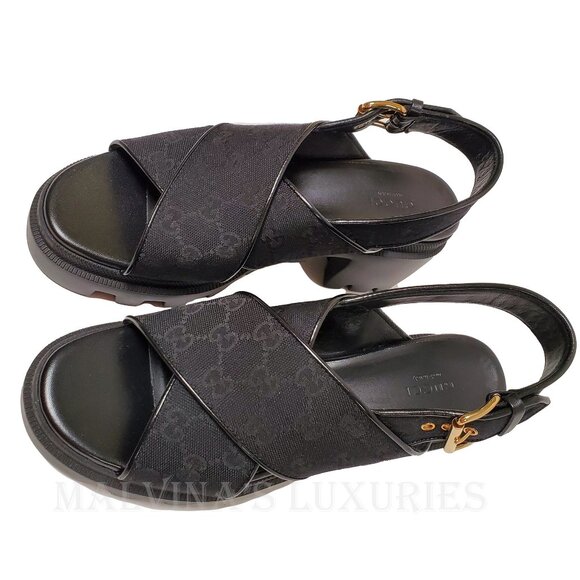 GUCCI SHOES BLACK GG SUPREME CANVAS CHUNKY LUG SOLE SANDALS - Picture 4 of 15